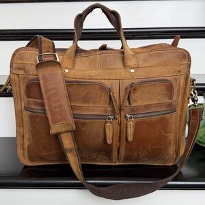 TIDING full grain leather briefcase messenger bag laptop crossbody satchel brown